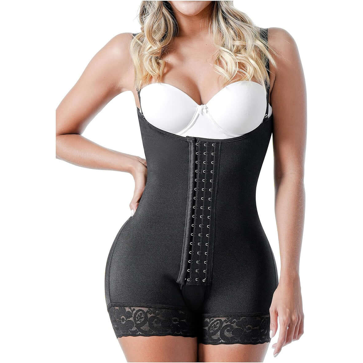 Four-breast elastic corset in black. Made from organic cotton. Features relaxed fit and breathable material.