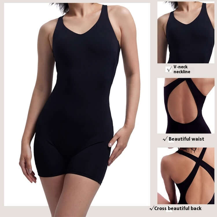 Organic cotton yoga bodysuit with relaxed fit, breathable material, V-neck, and cross-back design.