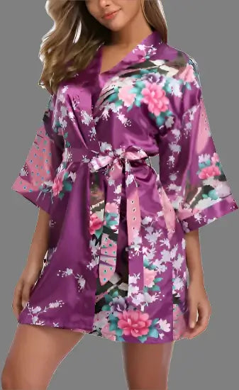 Luxurious satin silk floral robe with organic cotton, featuring a relaxed fit. Breathable material for comfort.