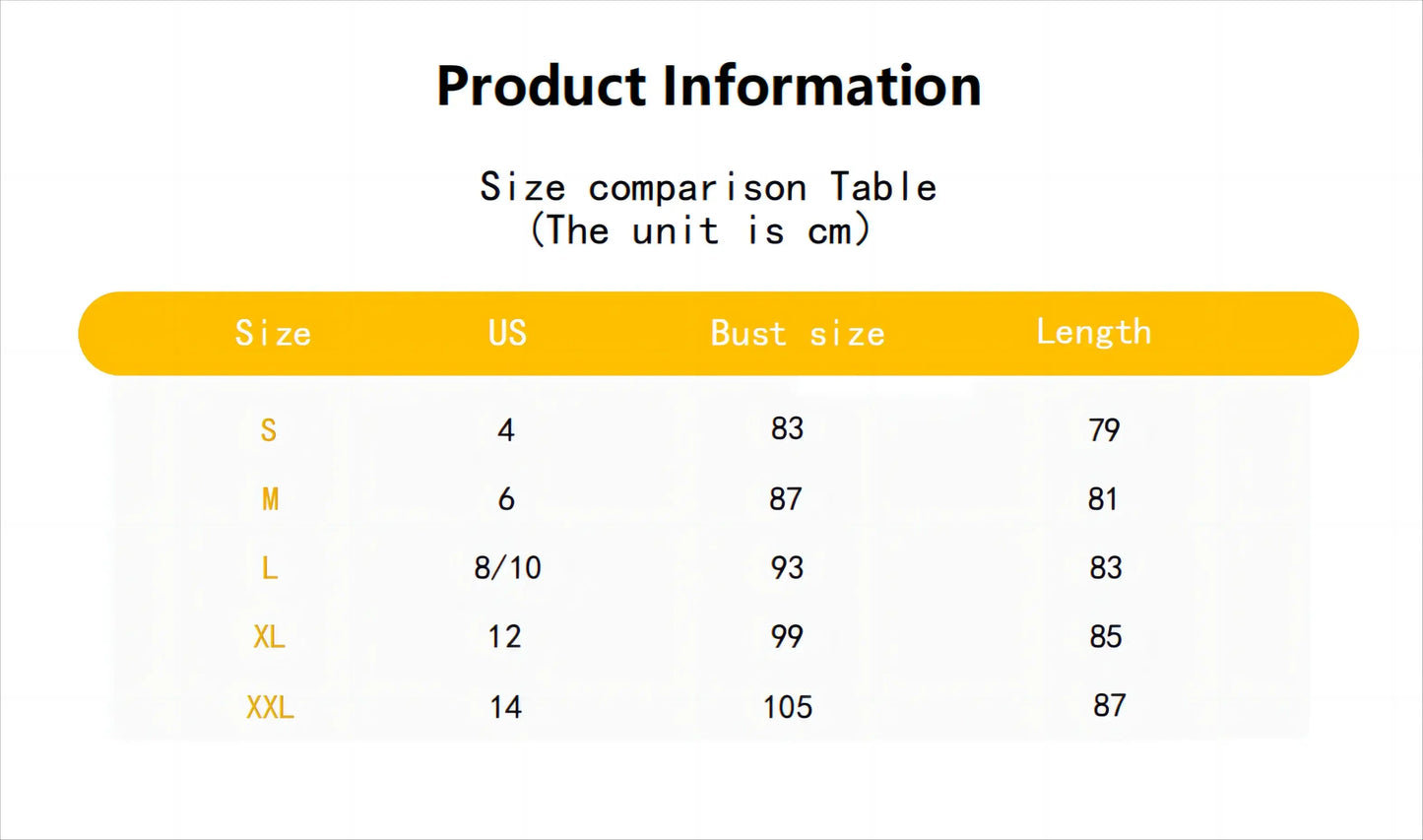 Size chart for women's clothing, showing sizes S to XXL, with US sizes and measurements in centimeters for bust and length.