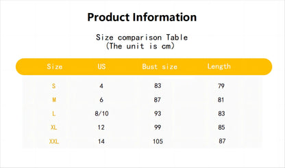 Size chart for women's clothing, showing sizes S to XXL, with US sizes and measurements in centimeters for bust and length.