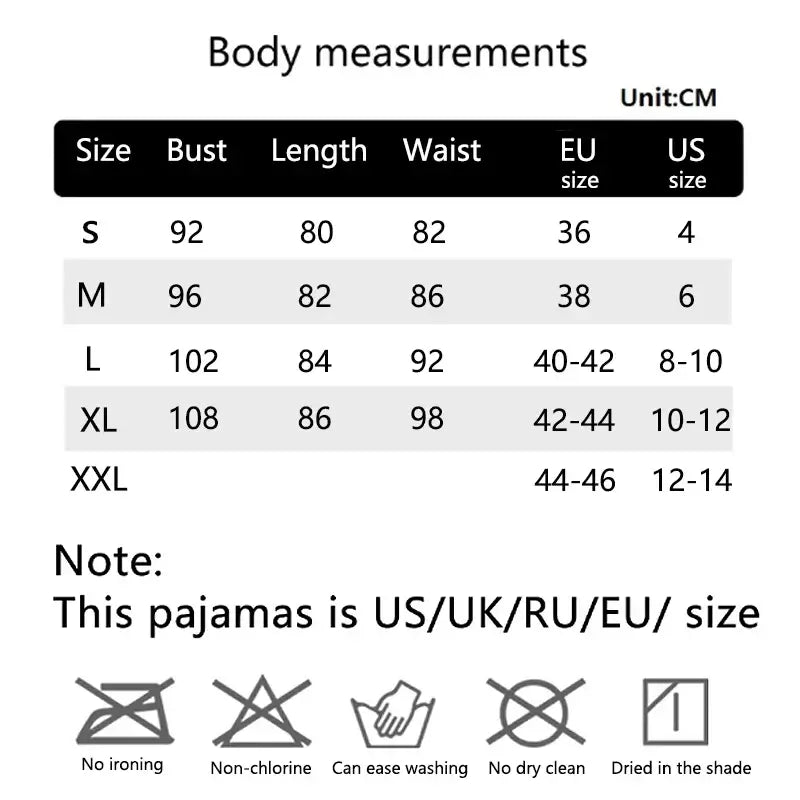 Size chart for backless sleepwear. Organic cotton, relaxed fit. Sizes S to XXL with measurements. No ironing, dry clean, or bleach.