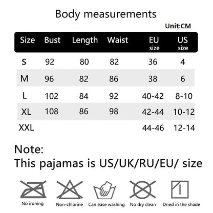 Size chart for backless sleepwear. Organic cotton, relaxed fit. Sizes S to XXL with measurements. No ironing, dry clean, or bleach.