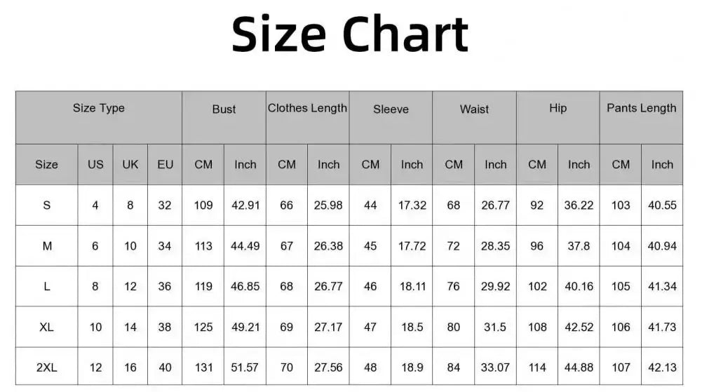 Size chart for knitted lounge set pajamas, includes US, UK, EU sizes, bust, clothes length, sleeve, waist, hip, and pants length in CM and inches.