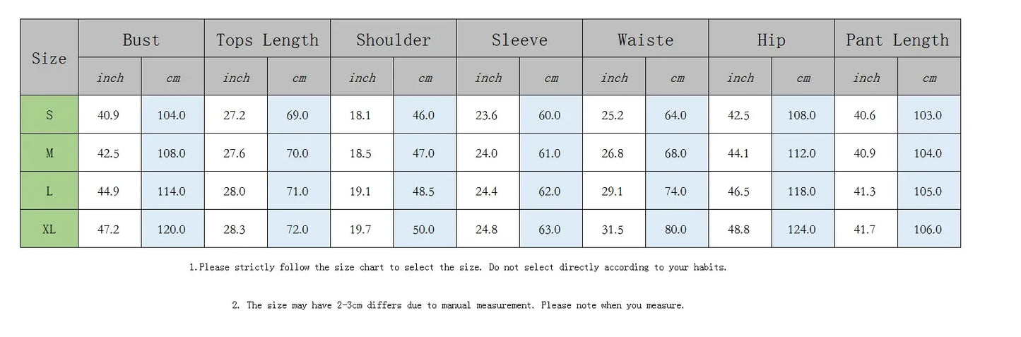 Size chart for satin pajamas with bust, tops length, shoulder, sleeve, waist, hip, and pant length measurements in inches and cm.