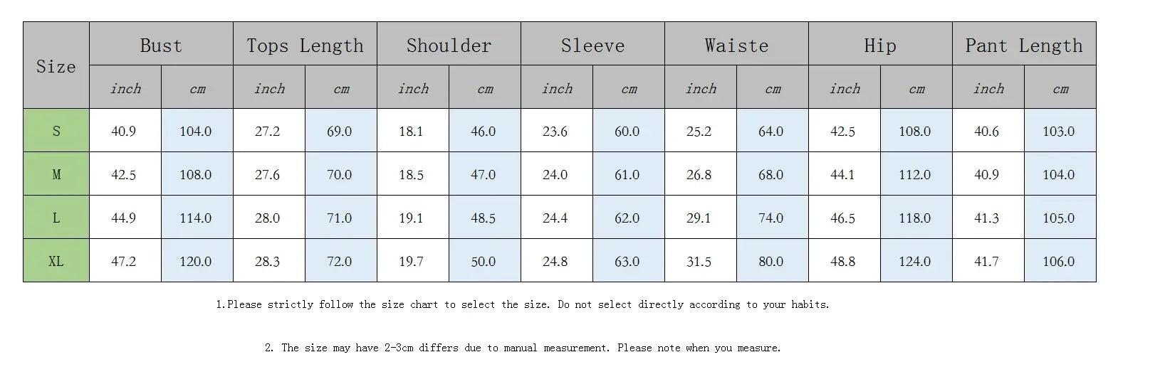 Size chart for satin pajamas with bust, tops length, shoulder, sleeve, waist, hip, and pant length measurements in inches and cm.