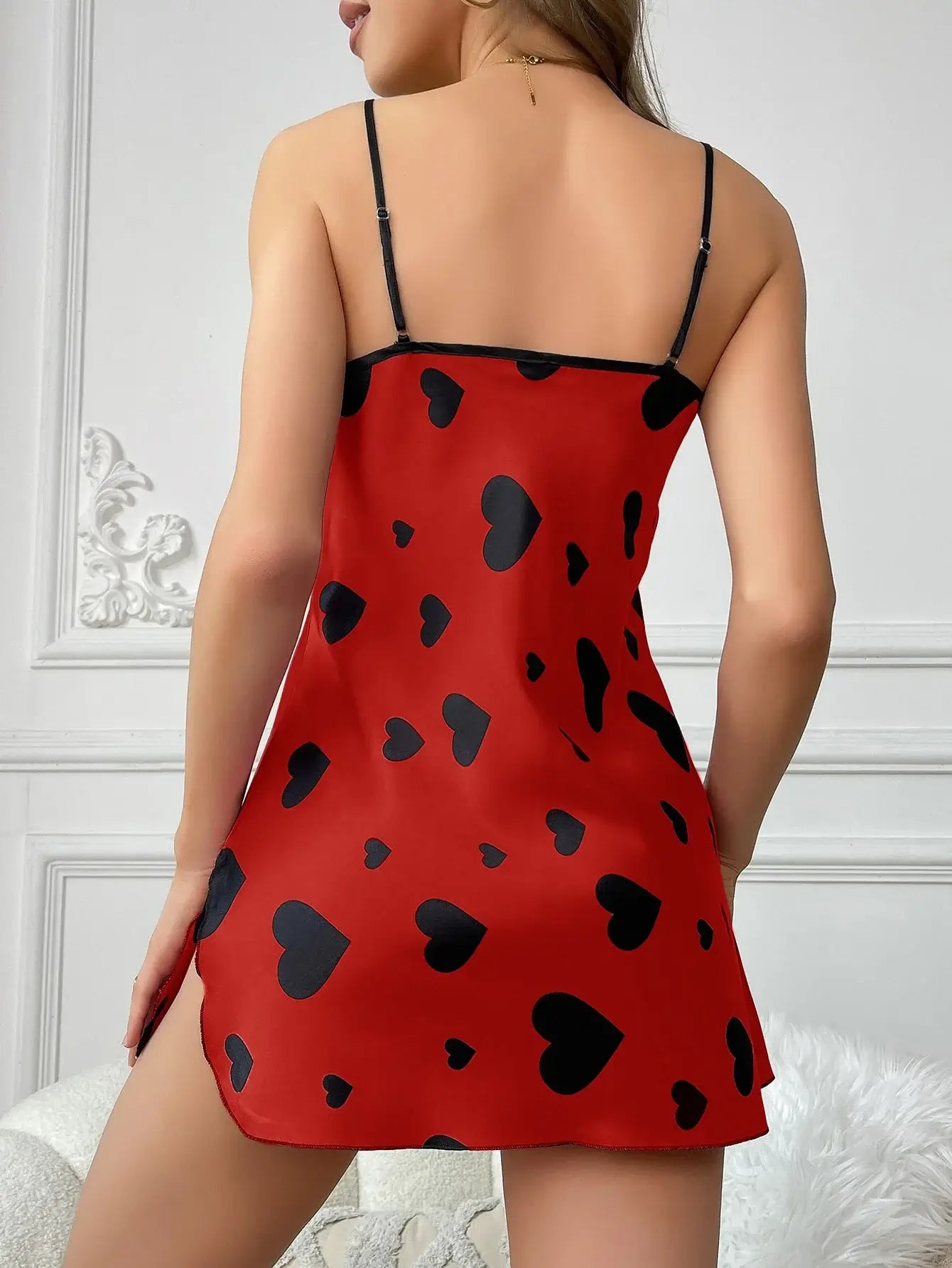 Romantic hearts silk nightgown in red with organic cotton. Relaxed fit and breathable material for comfort.