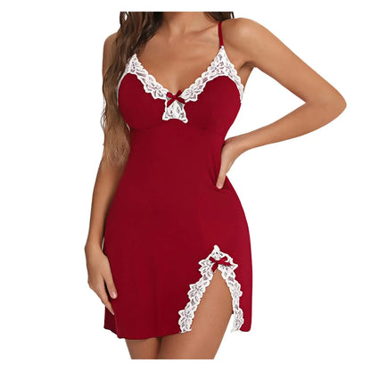 Luxury lace nightdress in red. Organic cotton breathable material. Relaxed fit for comfort.