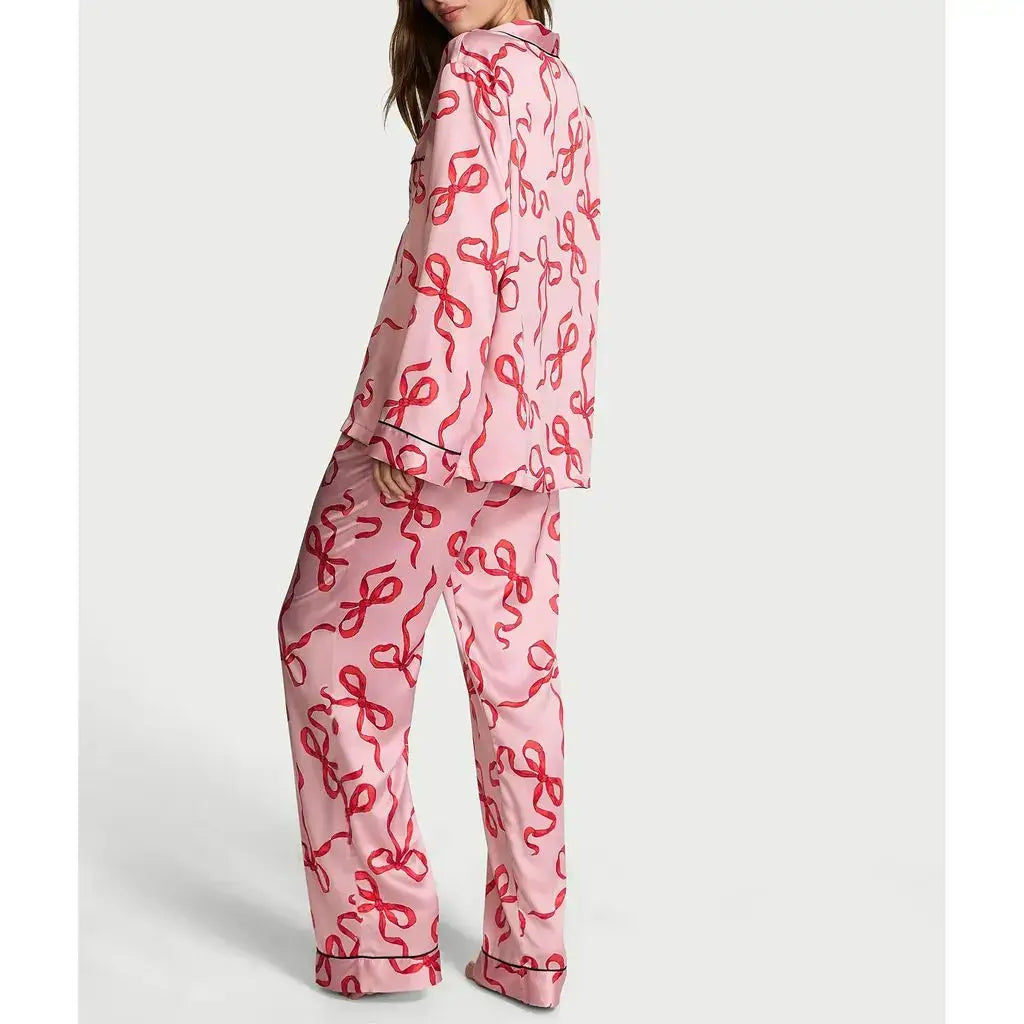 2Pcs Satin Pajamas in pink with red design, made from organic cotton. Relaxed fit and breathable material for comfort.