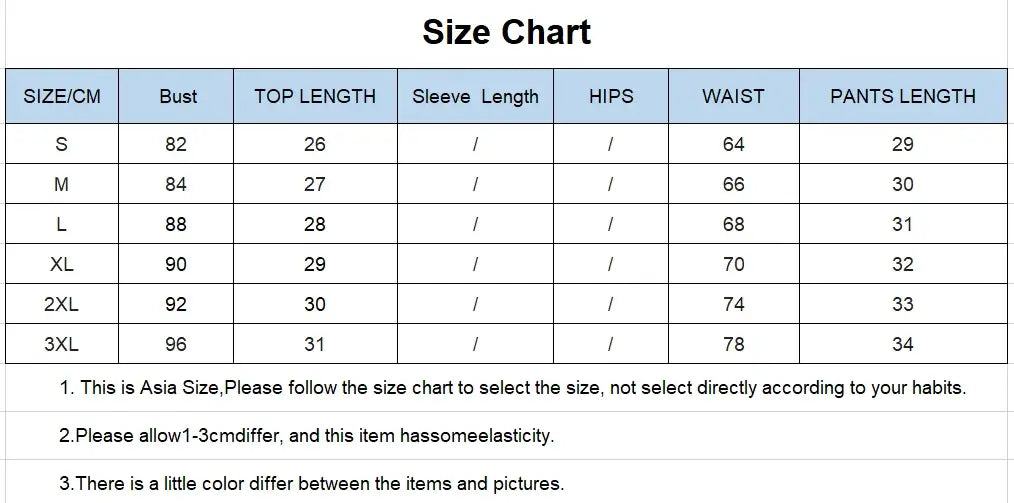 Size chart for clothing in Asia sizes, showing measurements for bust, top length, waist, and pants length from S to 3XL.