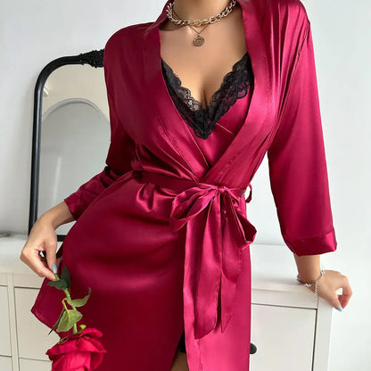 Elegant luxury lace nightdress set in deep red, featuring organic cotton and relaxed fit. Breathable material for comfort.