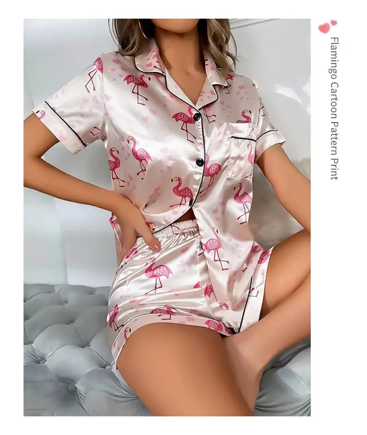 Alt Tag: Heart print satin set made from organic cotton. Relaxed fit and breathable material for ultimate comfort.