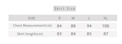 Size chart showing chest and skirt measurements in cm for sizes S to XL.