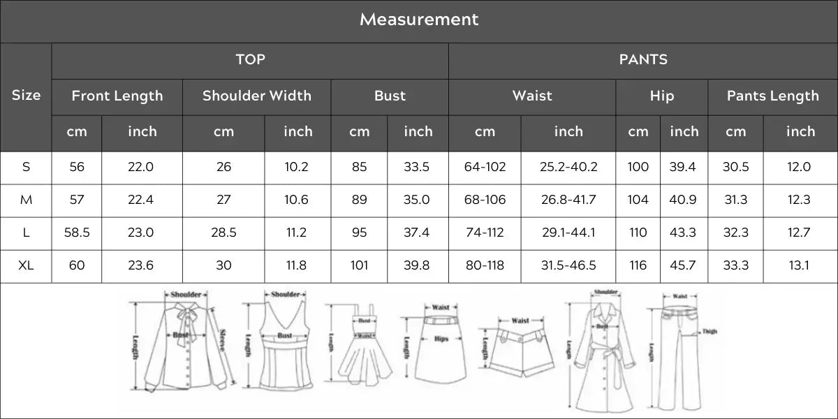 Size chart for sleeveless pajama set showing measurements for top and pants in cm and inches.