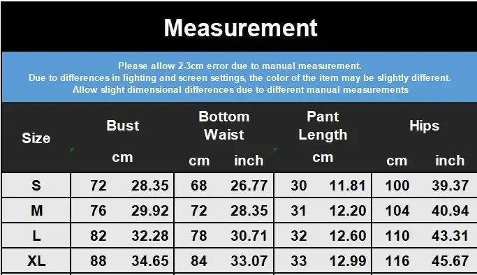 Size chart for lace lounge set with measurements in cm and inches. Includes bust, waist, pant length, and hips for sizes S to XL.