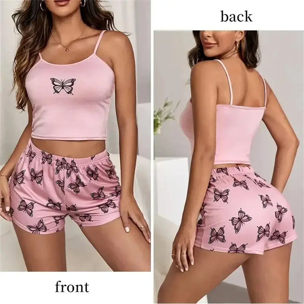 Pink Butterfly Dreams Loungewear Set. Features organic cotton, relaxed fit, breathable material. Front and back view displayed.