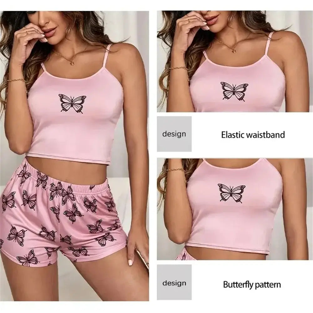 Butterfly Dreams Loungewear Set with elastic waistband, organic cotton, relaxed fit, and breathable material. Butterfly patterns.