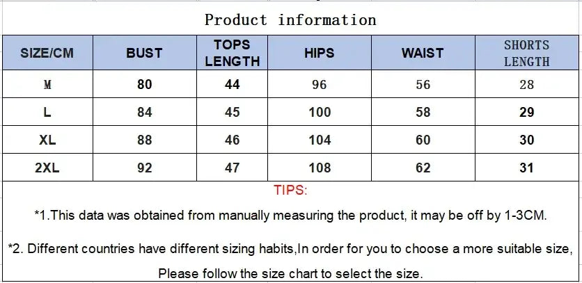 Size chart for summer pajamas, including bust, top length, hips, waist, and shorts length in centimeters.