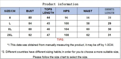 Size chart for summer pajamas, including bust, top length, hips, waist, and shorts length in centimeters.