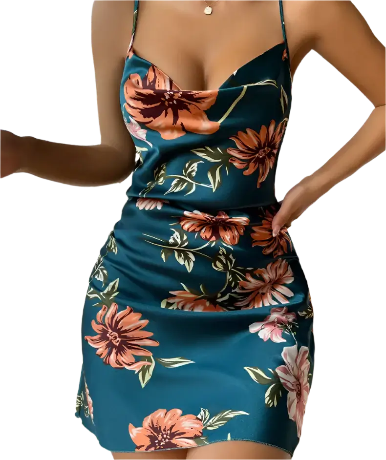 Floral satin dress in teal with orange flowers, sleeveless design.