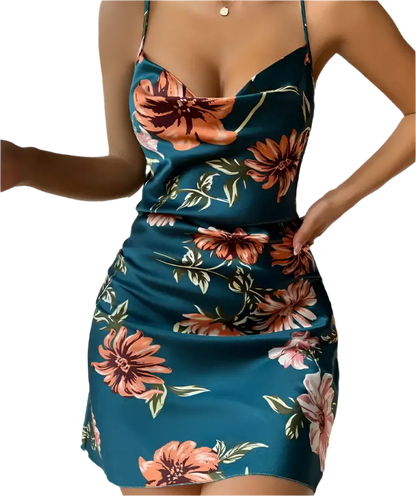 Floral satin dress in teal with orange flowers, sleeveless design.