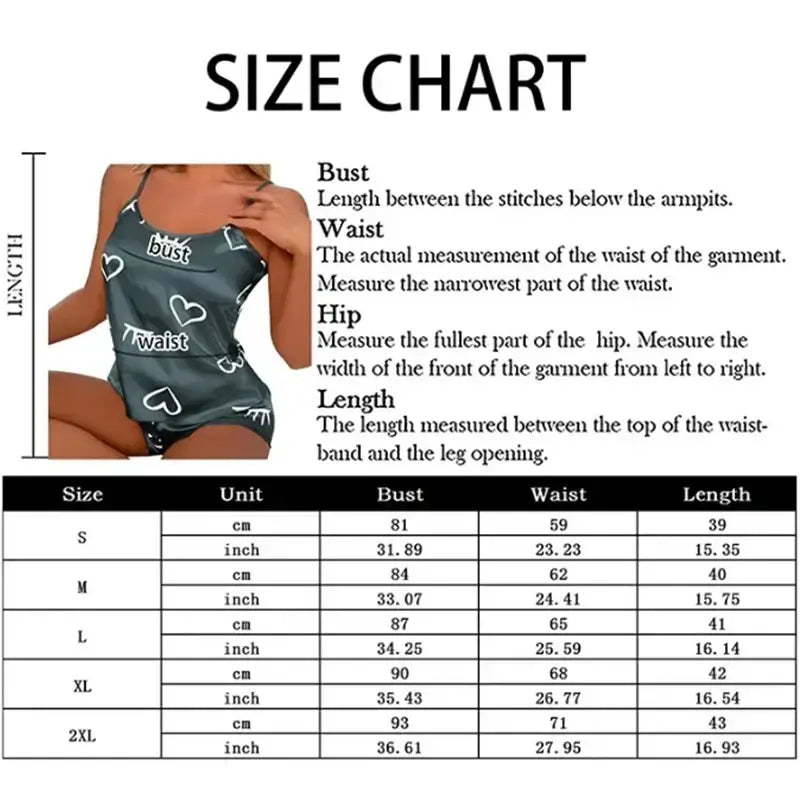 Alt Tag: Size chart for Dreamy Satin Silky Sleepwear Set. Measurements in cm and inches for bust, waist, and length.