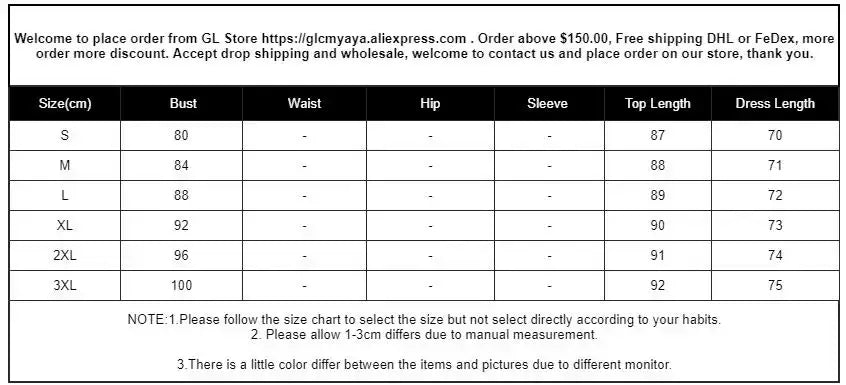 Size chart for clothing from GL Store, featuring bust, waist, hip, sleeve, top length, and dress length measurements for various sizes.