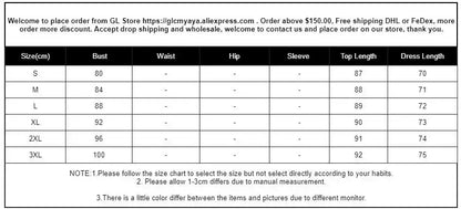 Size chart for clothing from GL Store, featuring bust, waist, hip, sleeve, top length, and dress length measurements for various sizes.