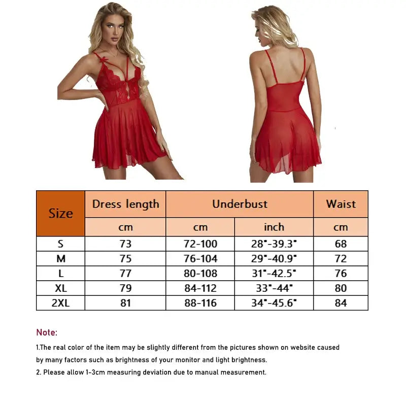 Red lace nightgown with straps, relaxed fit. Made from organic cotton, breathable material. Includes size chart with measurements.