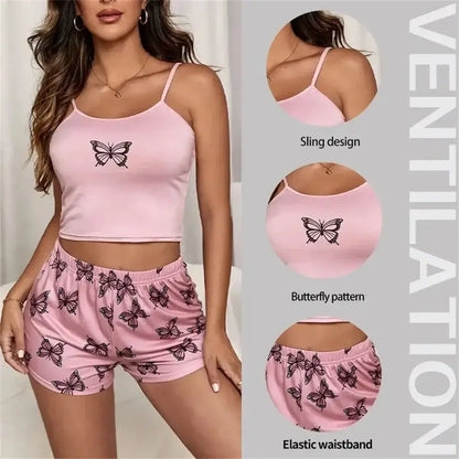 Pink Butterfly Dreams Loungewear Set in organic cotton. Features relaxed fit, breathable material with butterfly pattern, sling design.