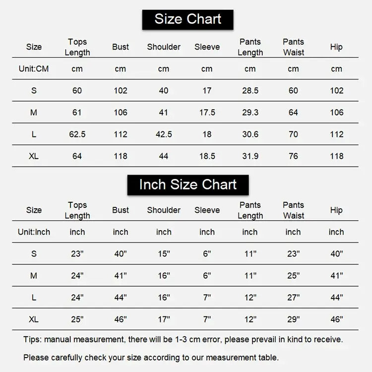 Size chart for casual heart print satin set with measurements in cm and inches. Available sizes: S, M, L, XL.