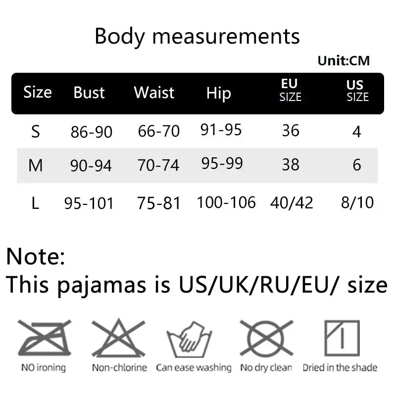 Size chart for sleepwear set in organic cotton. Relaxed fit and breathable material. Sizes S to L available.