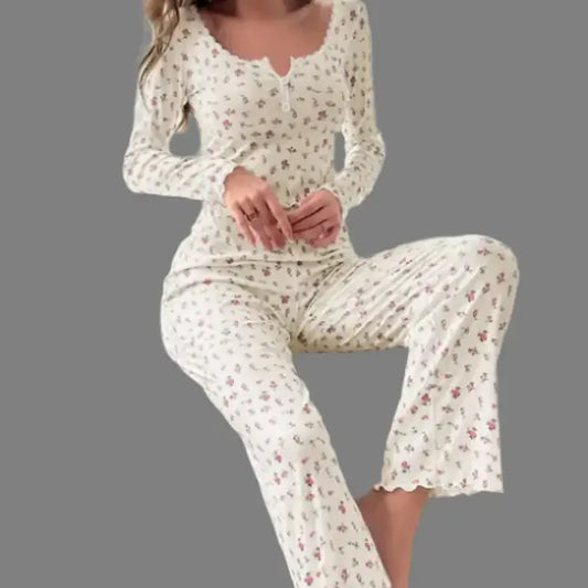 Floral Comfort Pajama Set in organic cotton. Features a relaxed fit with breathable material for ultimate comfort.