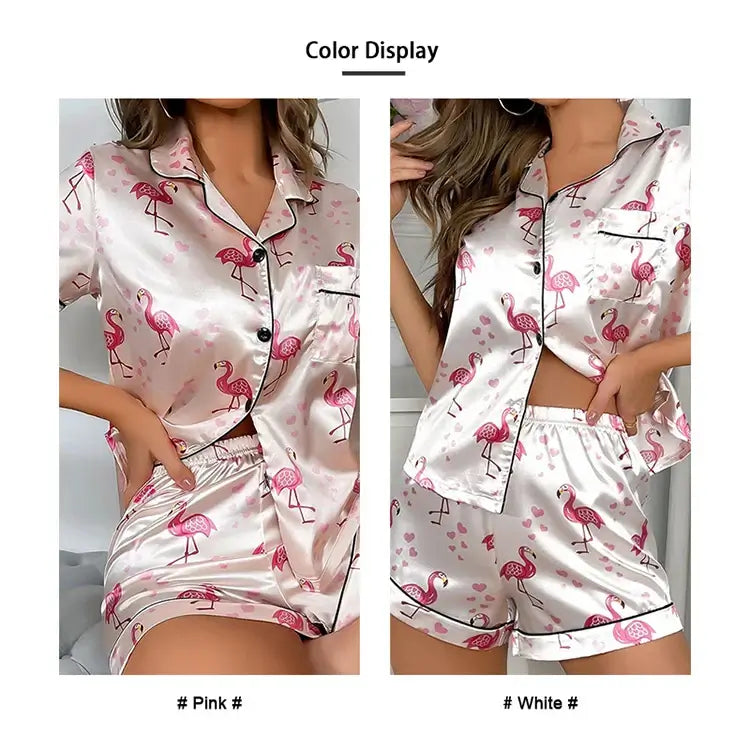 Casual set heart print satin with relaxed fit, featuring pink and white options, made of breathable organic cotton material.