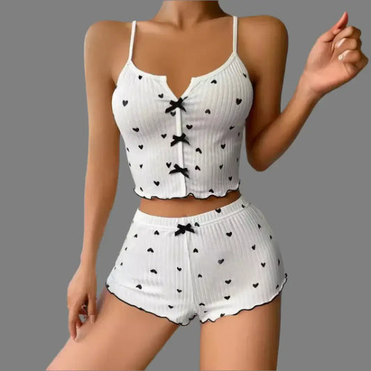 Print Lace Trim Sleepwear Set made from organic cotton. Features a relaxed fit and breathable material for comfort.