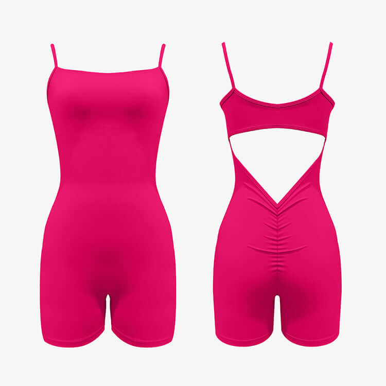 Organic cotton yoga jumpsuit in bright pink. Features a relaxed fit and breathable material. Ideal for comfort and style.